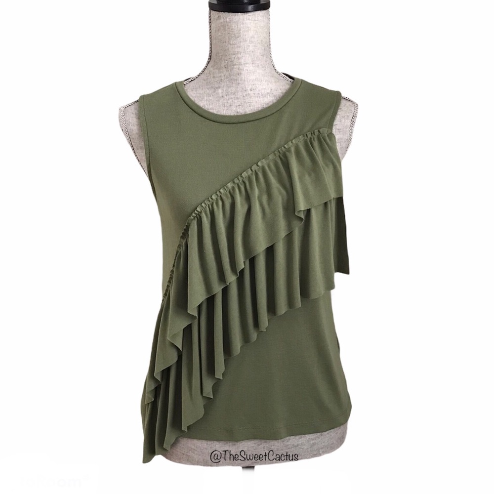 J.Crew Olive Green Asymmetrical Ruffle Tank Top - Picture 2 of 6